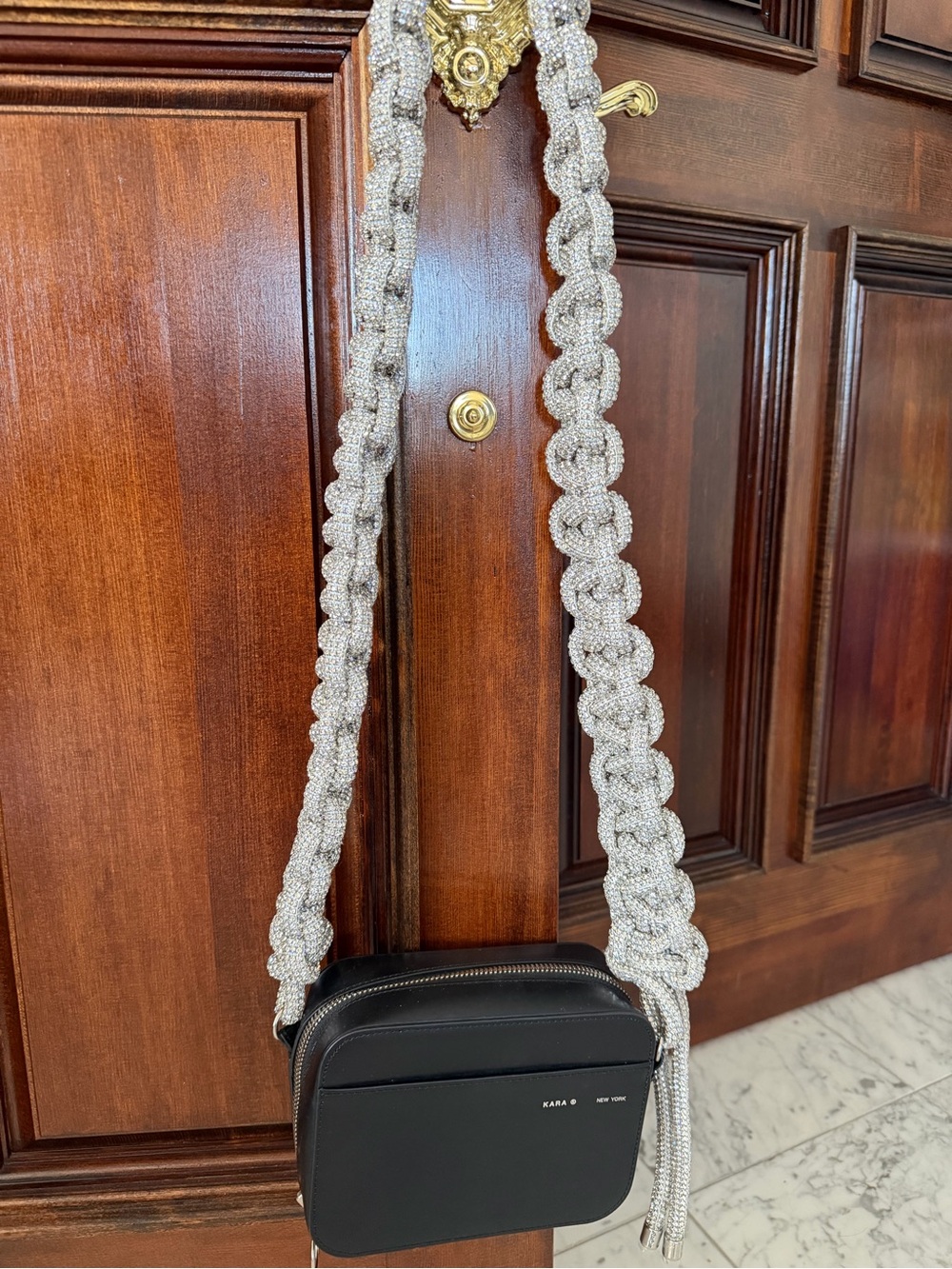 Kara Black Crossbody Bag with Crystal Strap